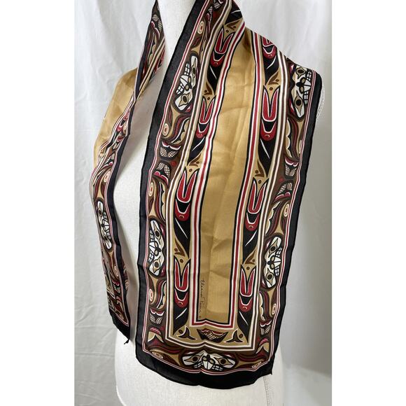 Elaine Paine Silk Scarf Skemo Canada Tan Red Totem Pole Native 8.5x48" Vintage - Picture 3 of 8